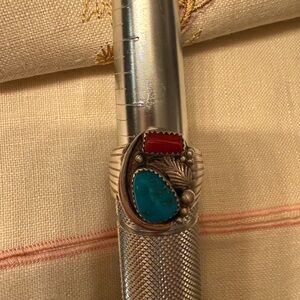 Native American Navajo Turquoise and Coral Ring